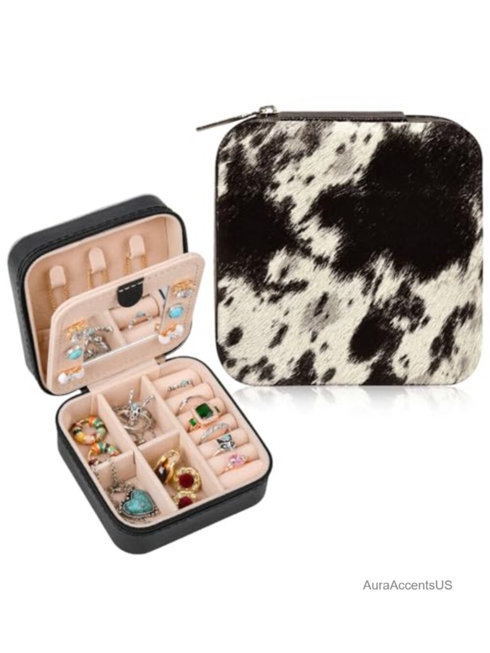 Real Leather Cowhide Travel Jewelry Box Organizer Western Style Gift